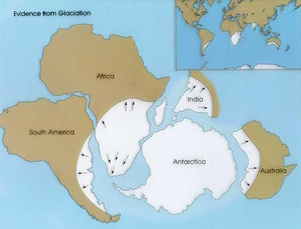 Ice flow directions from glacial striations indicate ice spreading from a central point in all directions